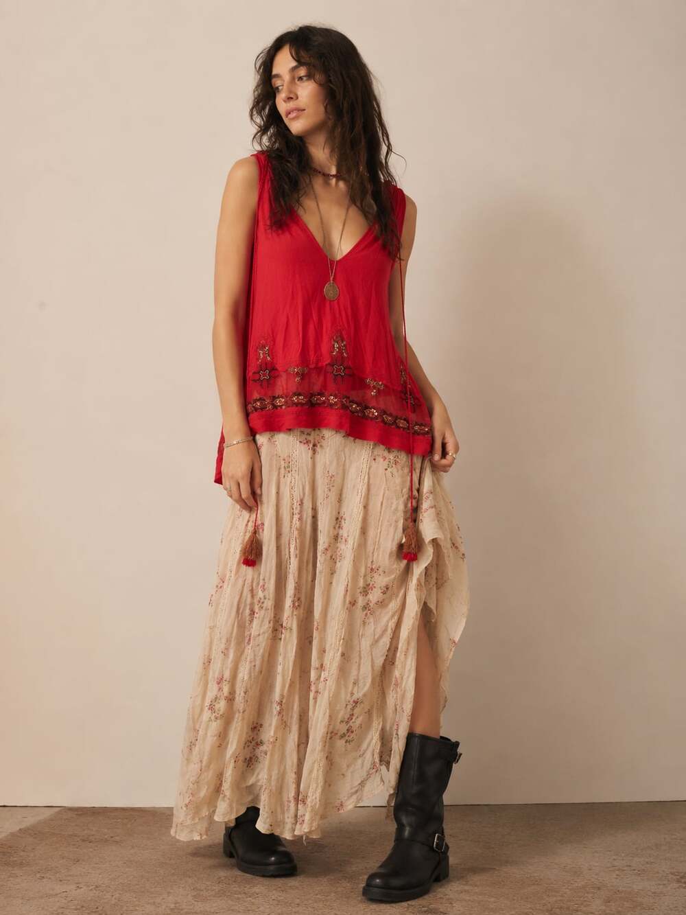 Free People Red Sleeveless Embellished Tassel Tank Top